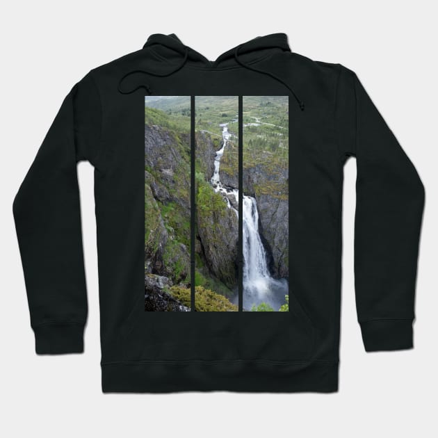 Wonderful landscapes in Norway. Vestland. Beautiful scenery of Voringfossen waterfall in the Mabodalen valley on the Hardanger scenic route. Mountains, trees in background. Cloudy day (vertical) Hoodie by fabbroni-art